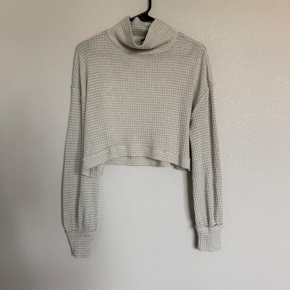 Free People Waffle Knit Cropped Mock Neck Thermal Top Beige Small Sweater Boho